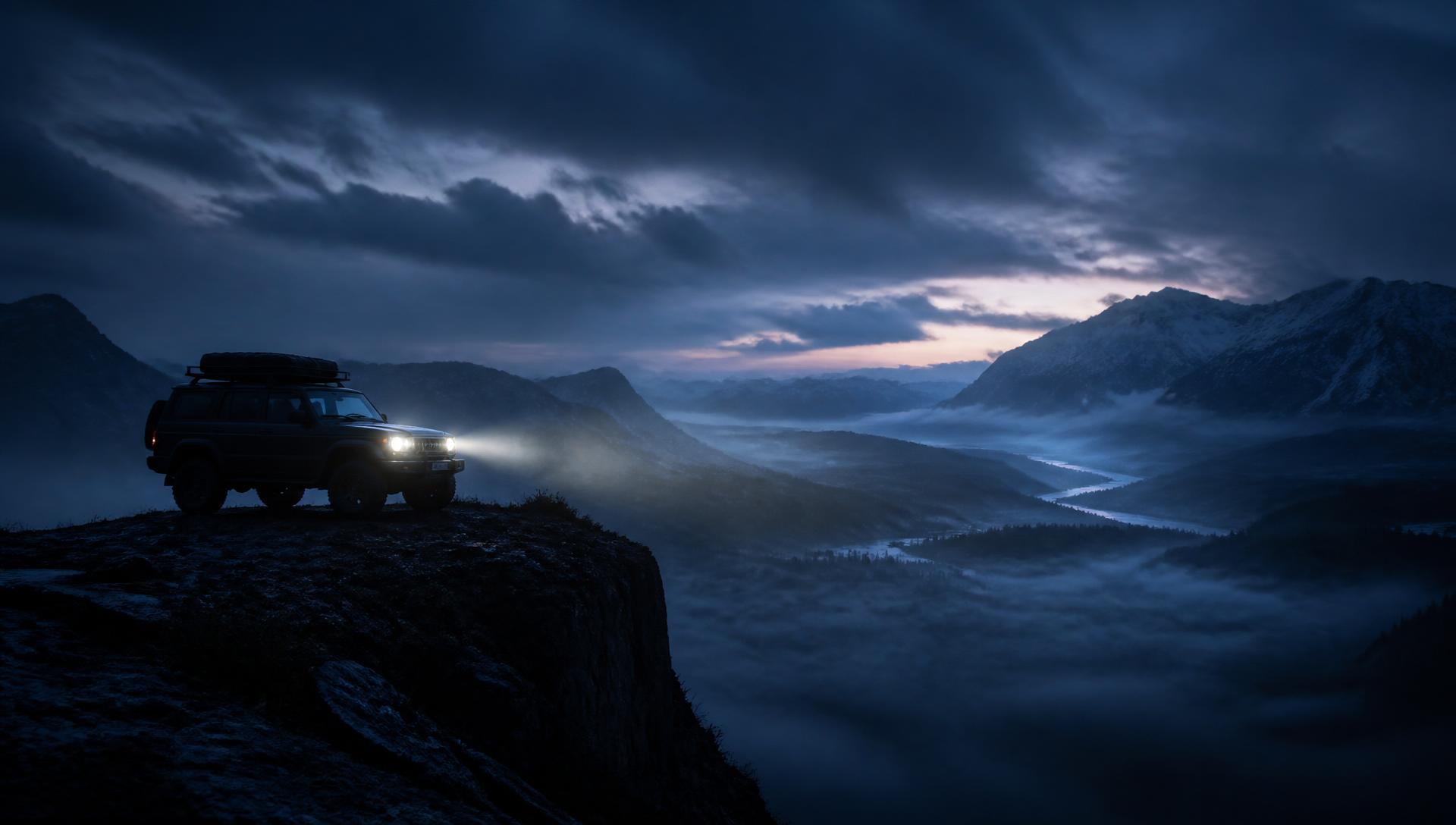 Jeep em mirante de montanha ao anoitecer